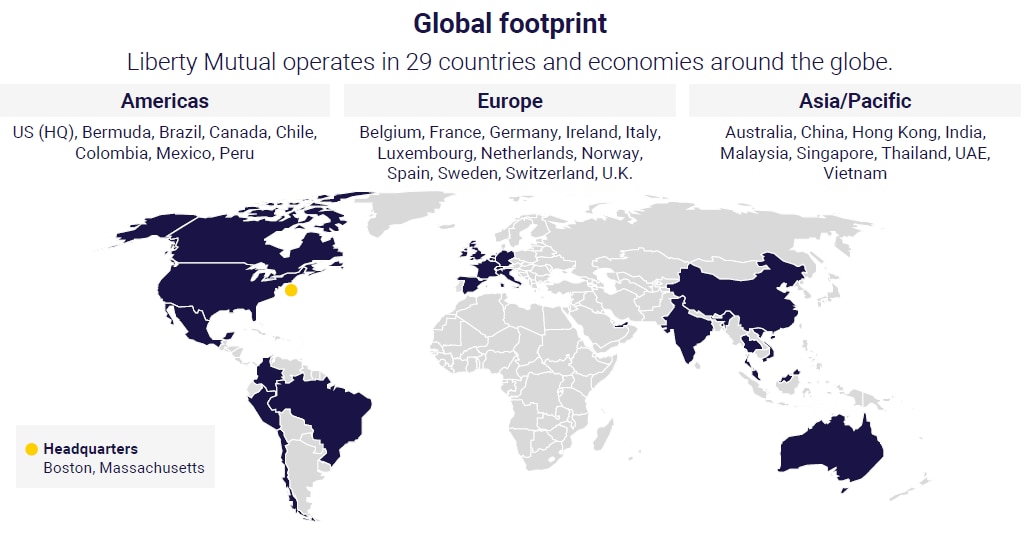 (slide 1 of 3) Liberty Mutual's global footprint. Liberty Mutual operates in 29 countries and economies around the globe.. 
