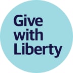 Teal circle with "Give with Liberty" written on it