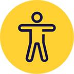 Blue line drawing of a person on a yellow background