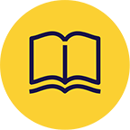 Blue line drawing of a an open book on a yellow background