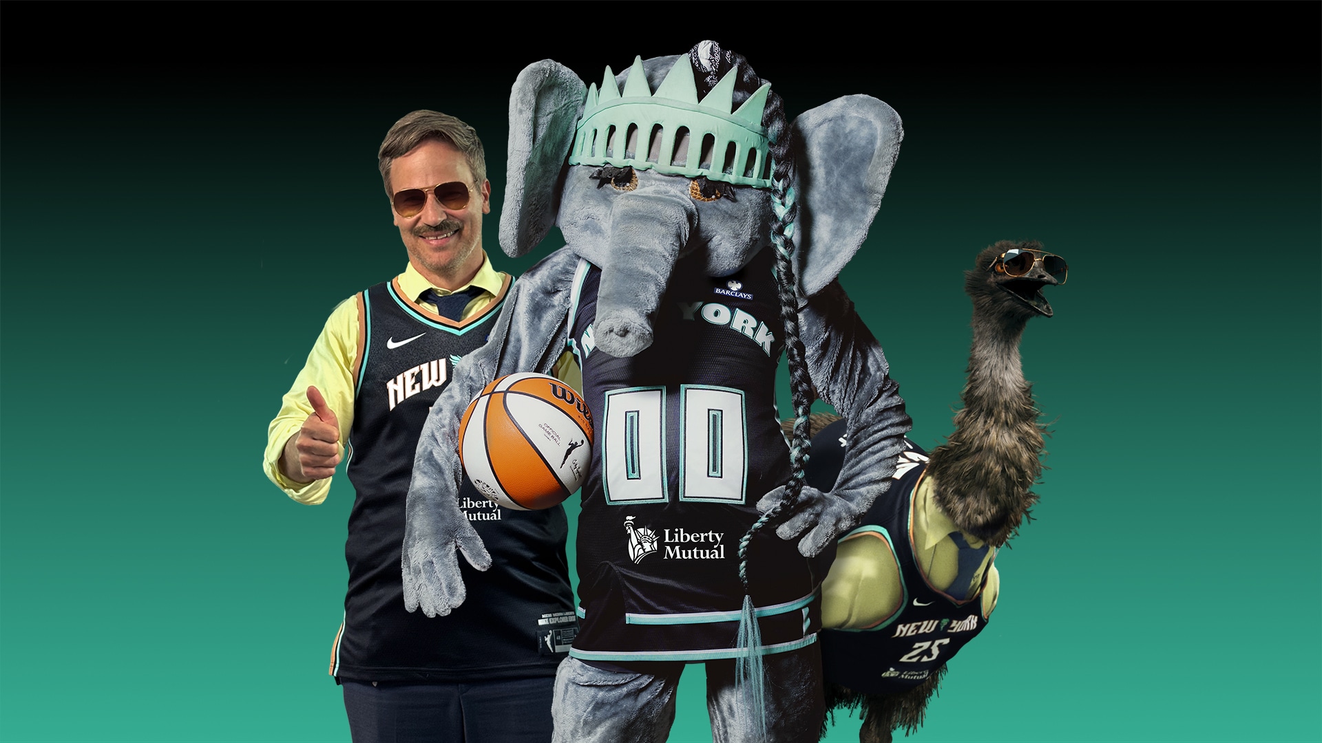 Liberty Mutual and New York Liberty Mascots (L-R): Doug, Ellie, LiMu Emu