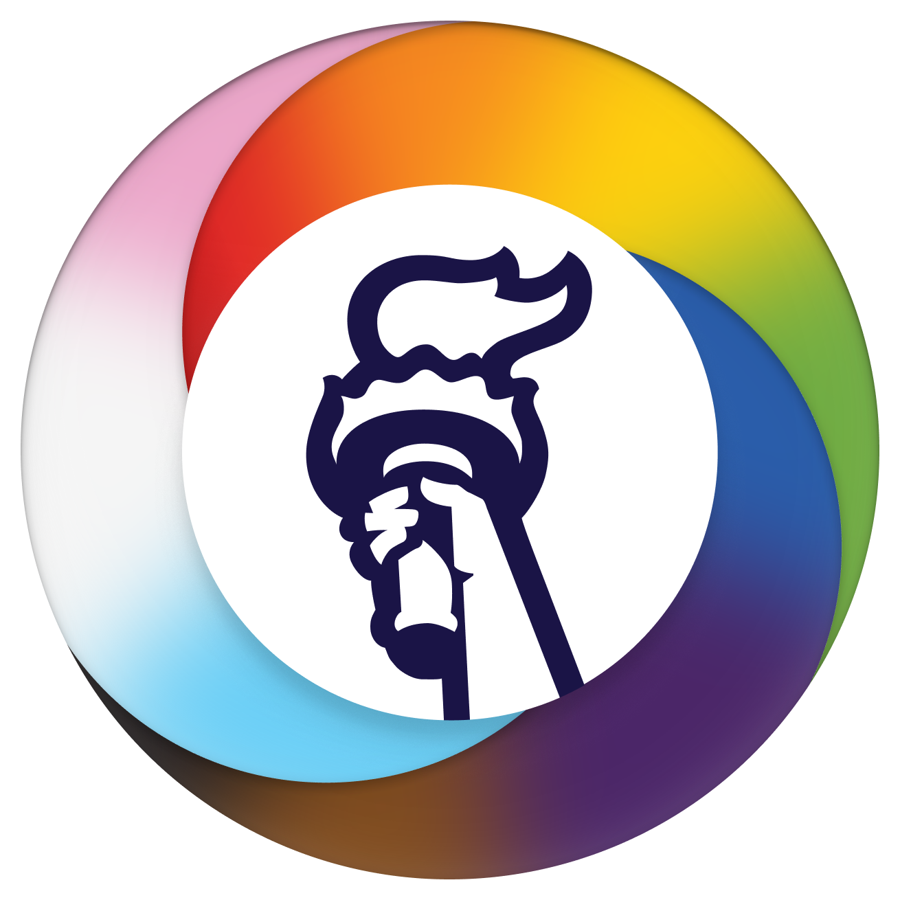 Liberty ERG - PRIDE, line drawing of the Lady Liberty Torch with a PRIDE rainbow circle around it