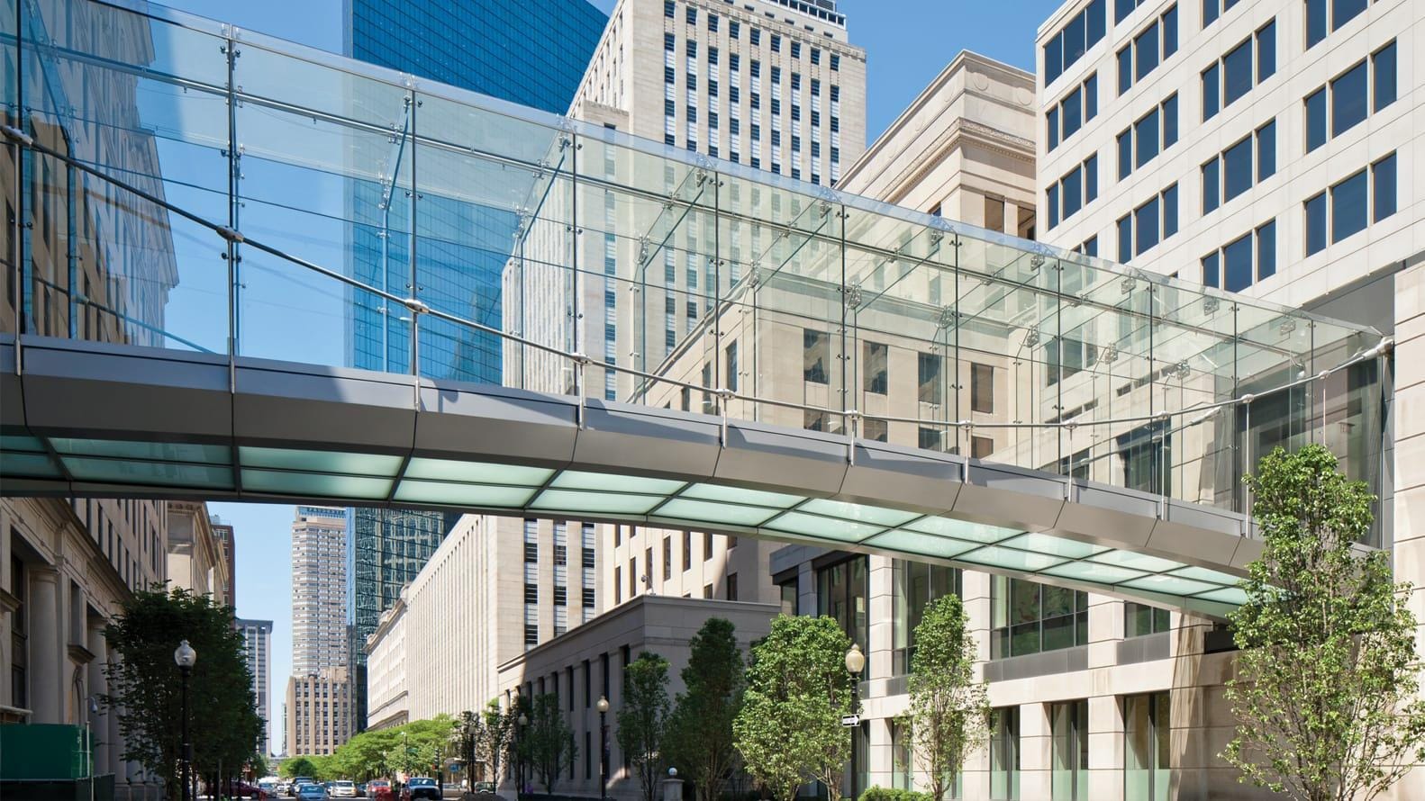Picture of the Liberty Mutual bridge connecting 175 Berkeley st. office building with 157 Berkeley st. office building