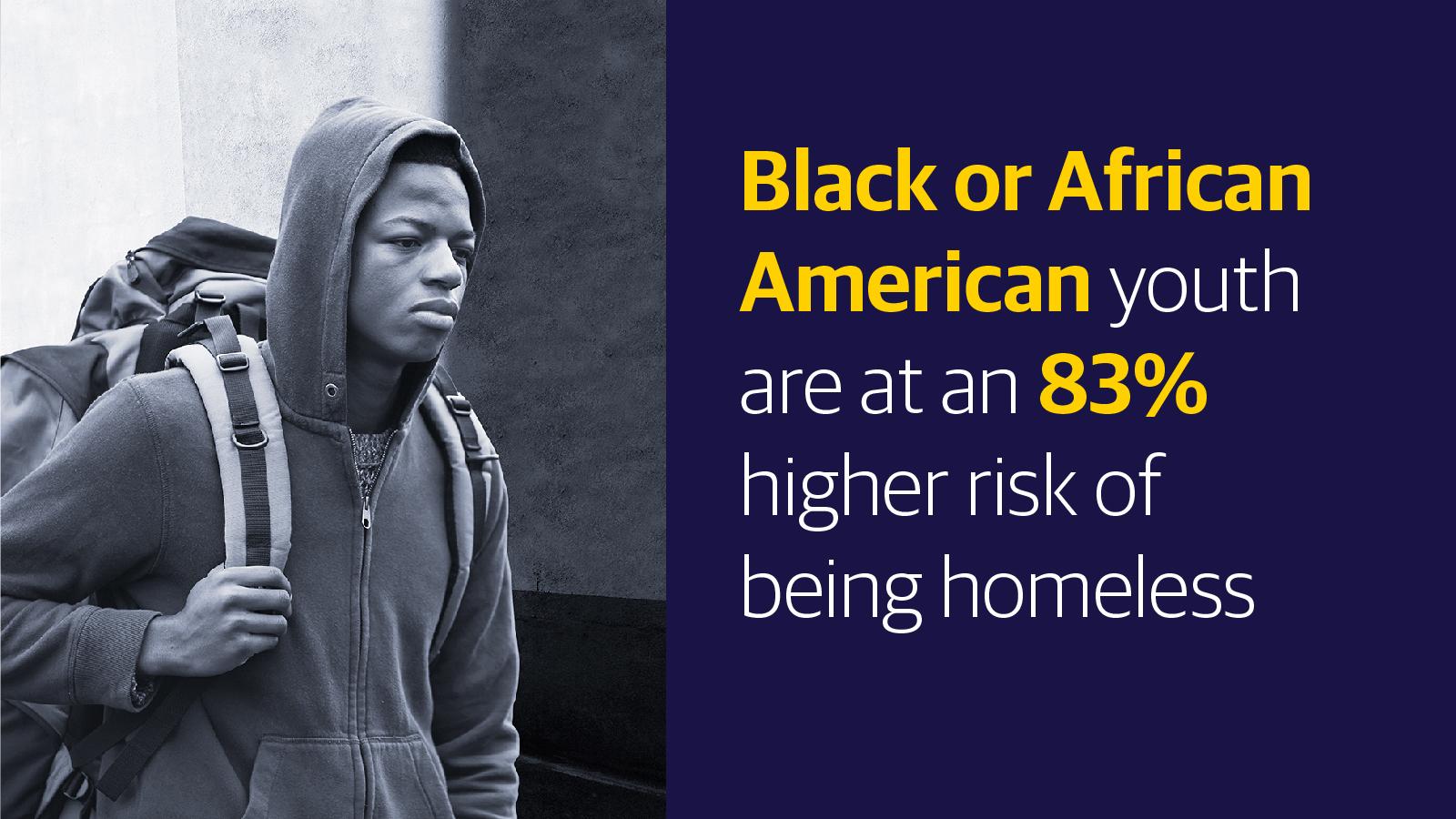 (slide 3 of 9) Black or African American youth are at an 83% higher risk of being homeless. . 