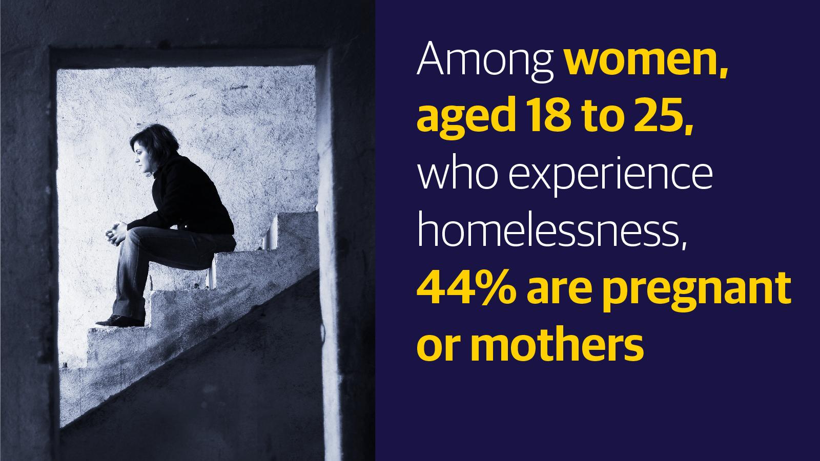 (slide 8 of 9) Among young women, aged 18 to 25, who experience homelessness, 44% are pregnant or mothers. . 