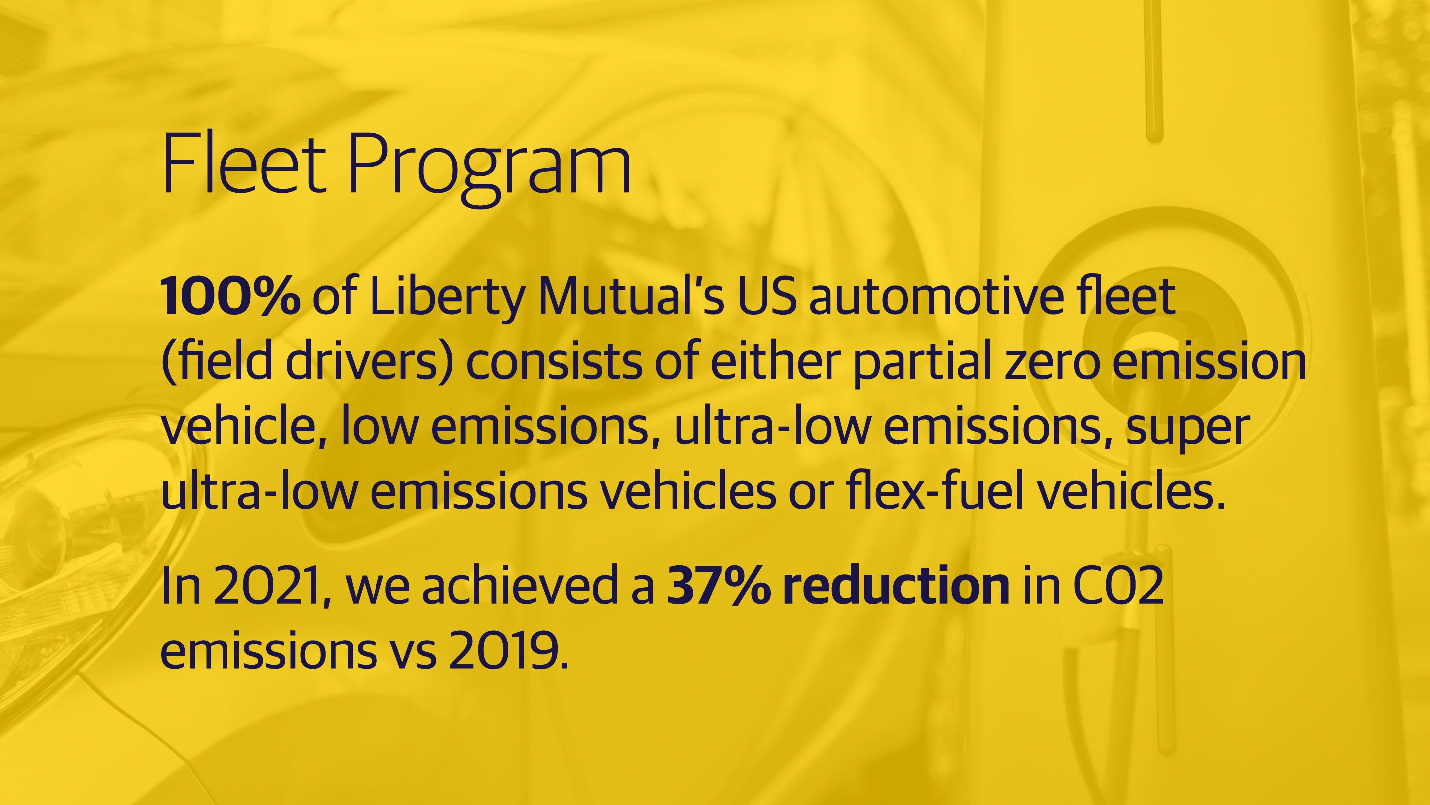 (slide 1 of 3) 100% of Liberty Mutual’s US automotive fleet (field drivers) consists of either partial zero emission vehicle, low emissions, ultra-low emissions, super ultra-low emissions vehicles or flex-fuel vehicles. In 2021, we achieved a 37% reduction in C02 emissions vs 2019.. 