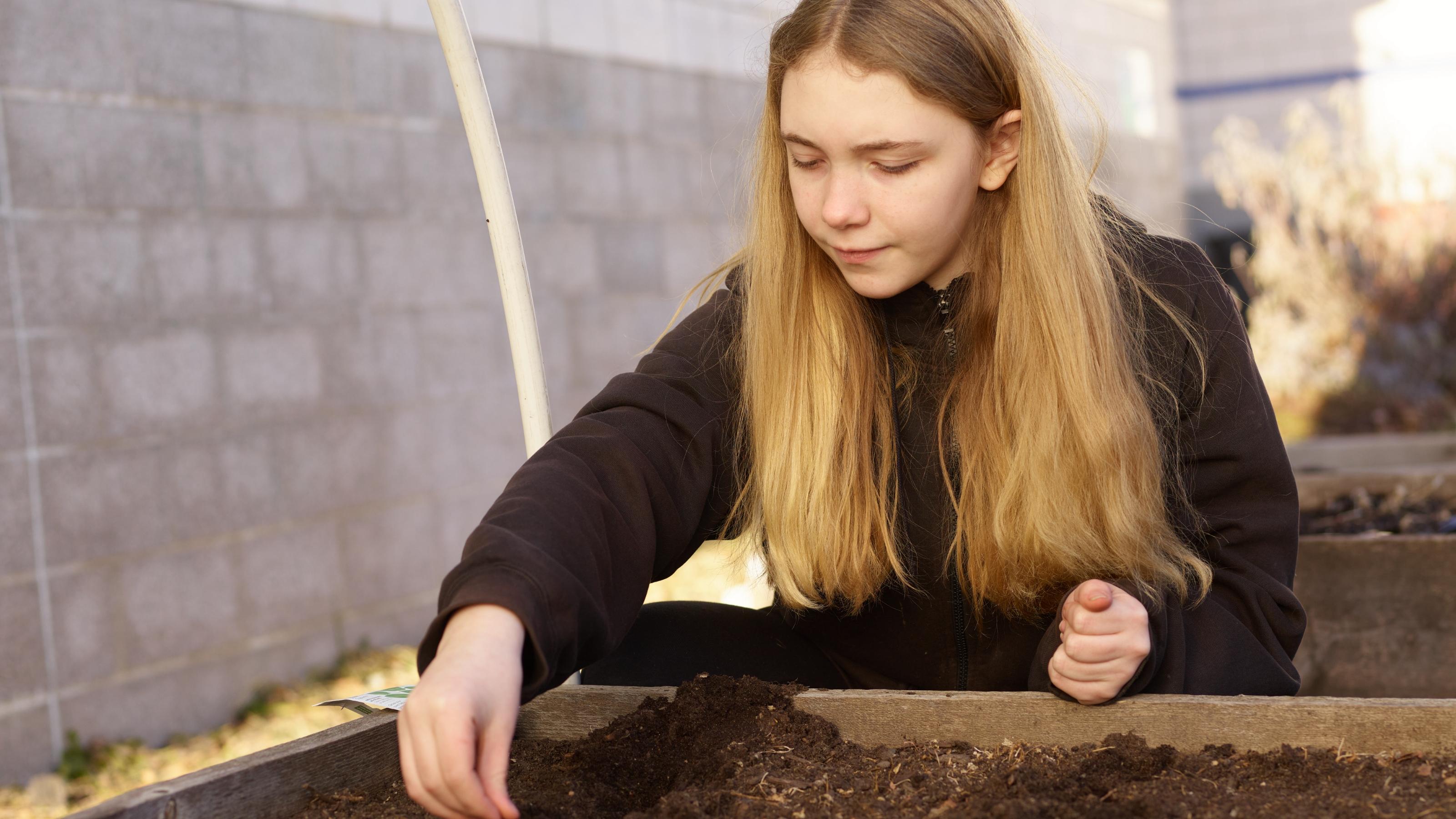 (slide 1 of 4) Young girl planting a garden outdoors. 