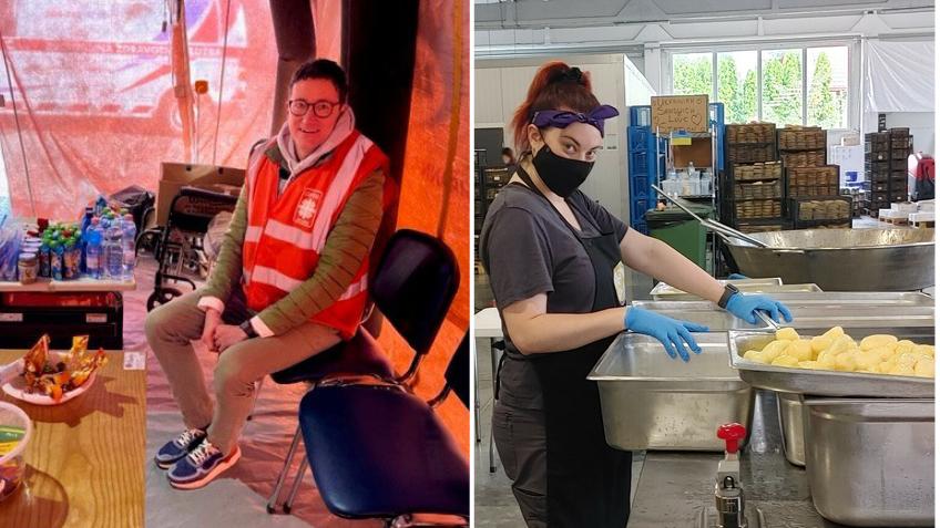 Two people volunteering - split screen, one preparing food, one smiling to camera