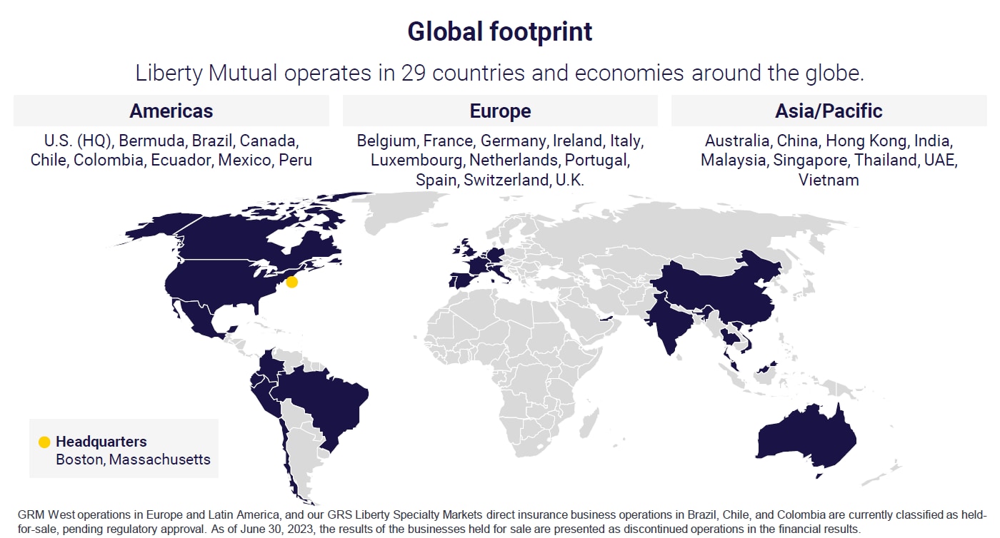 (slide 1 of 3) Liberty Mutual operates in 29 countries and economies around the globe.. 