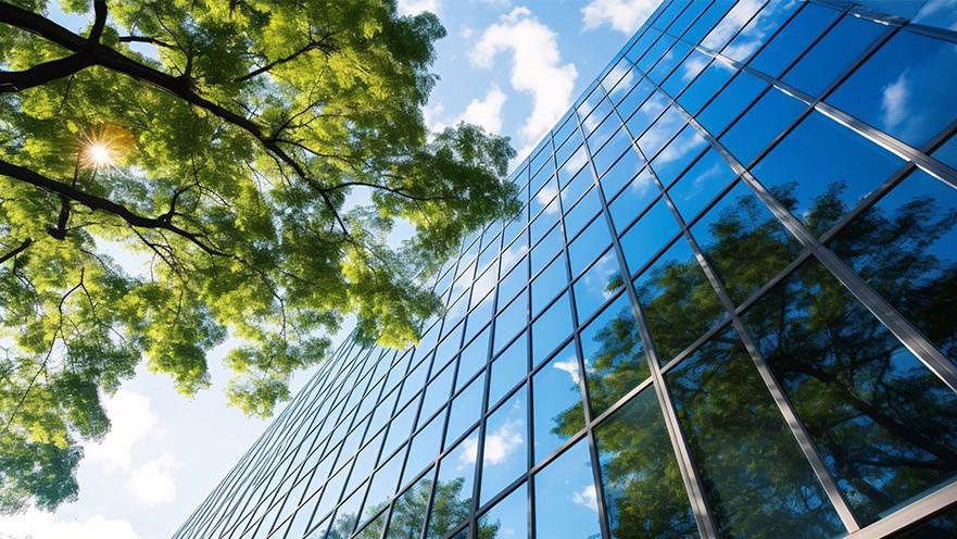 Ground of view of the exterior of a building and adjacent trees