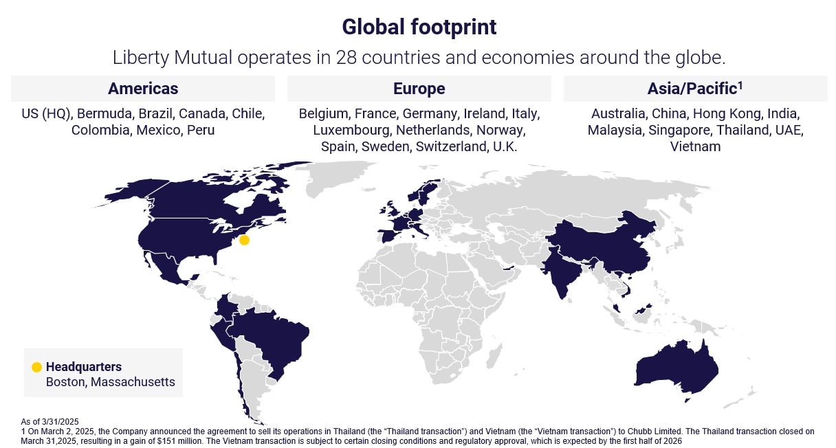 (slide 1 of 3) Liberty Mutual operates in 28 countries and economies around the globe.. 
