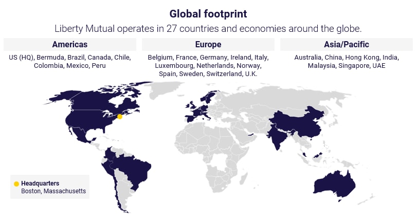 (slide 1 of 3) Liberty Mutual operates in 27 countries and economies around the globe.. 