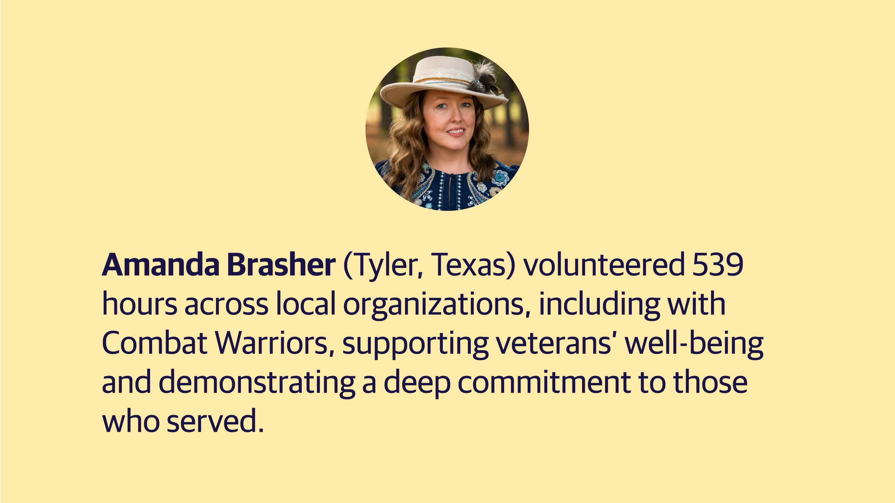 (slide 1 of 4) Amanda Brasher (Tyler, Texas) volunteered 539 hours across local organizations, including with Combat Warriors, supporting veterans’ well-being and demonstrating a deep commitment to those who served. ​. 