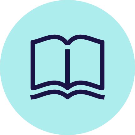 Outline of an open book in a teal circle 