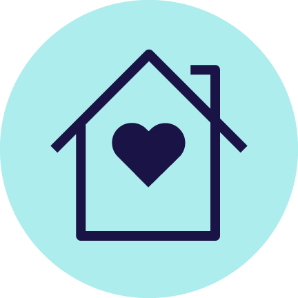 Outline of house with a heard, inside of a teal circle 